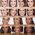 Diverse lineup of models in a grid displaying 4-in-1 tinted moisturizer shade swatches with labels beneath