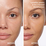 Before and after close-up of a woman's face showing smoother, more even skin after using the 4-in-1 Tinted Moisturizer SPF 20.