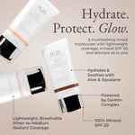 PÜR 4-in-1 Tinted Moisturizer display with white tubes on a beige background highlighting hydration with aloe, squalene, ceretin complex, SPF 20, and lightweight-breathable radiant coverage