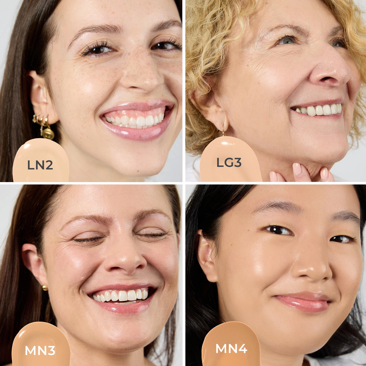 Collage of four women with different skin tones wearing shades LN2, LG3, MN3, and MN4 