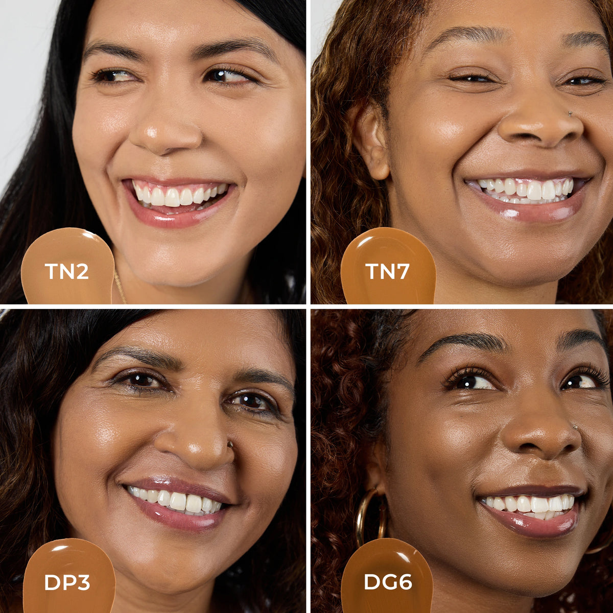 Collage of four women with different skin tones wearing shades TN2, TN7, DP3, and DG6 