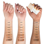 Swatches show a wide range of skin tones on forearms next to a PUR 4-in-1 Skin Tint bottle.