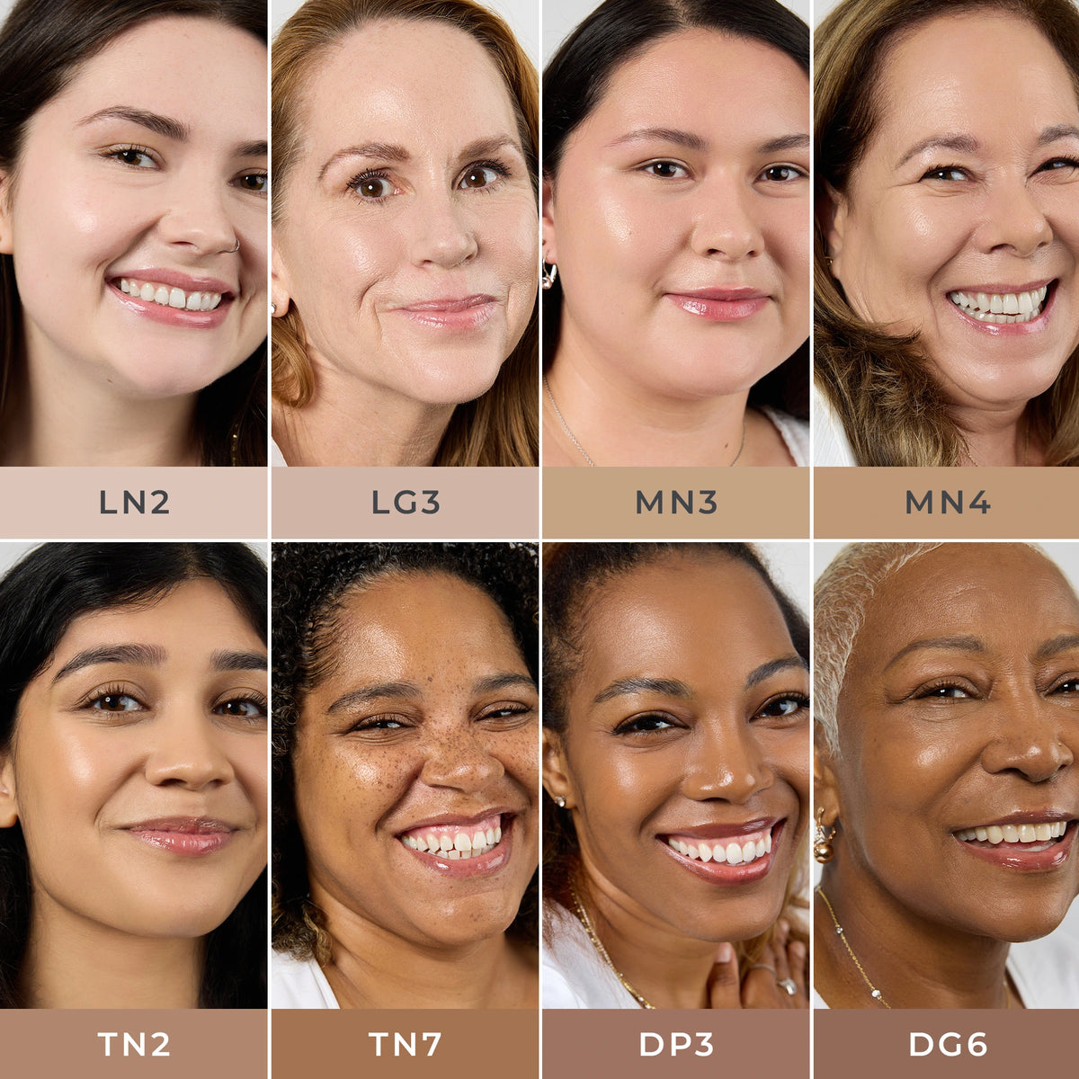 Eight diverse models in a grid showcasing skin tint shade swatches LN2 LG3 MN3 MN4 TN2 TN7 DP3 DG6 for 4-in-1 Skin Tint Mineral SPF 50