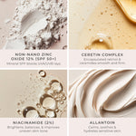 Collage of four ingredients for 4-in-1 Skin Tint: Non-nano zinc oxide 12% (SPF 50+), Ceretin complex, Niacinamide  and Allantoin in beige tones