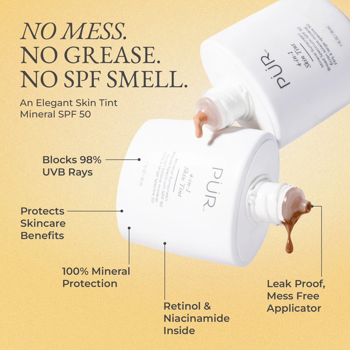 Two PÜR 4-in-1 Skin Tint Mineral SPF 50 bottles with pump on a yellow-beige background - No Mess, No Grease. No SPF Smell. Blocks 98% UV Rays, Protects Skin, 10% Mineral Protection, Retinol & Niacinamide Inside, and Leak Proof