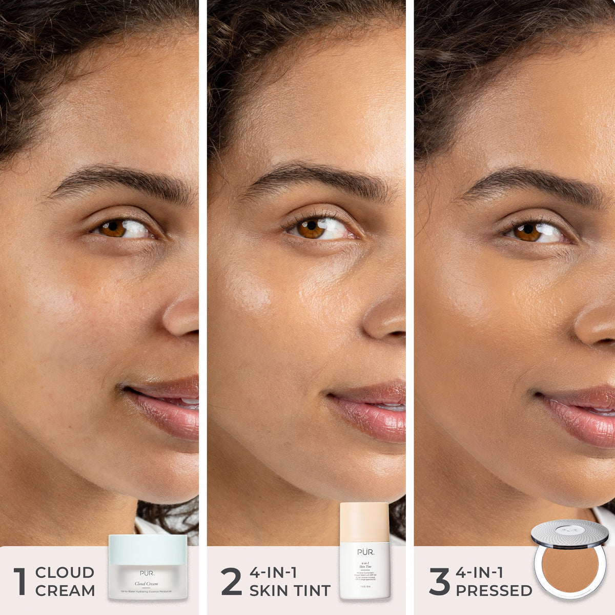 Three-panel close-up of a model's face demonstrating skincare to tint progression with Cloud Cream, 4-in-1 Skin Tint, and pressed powder.