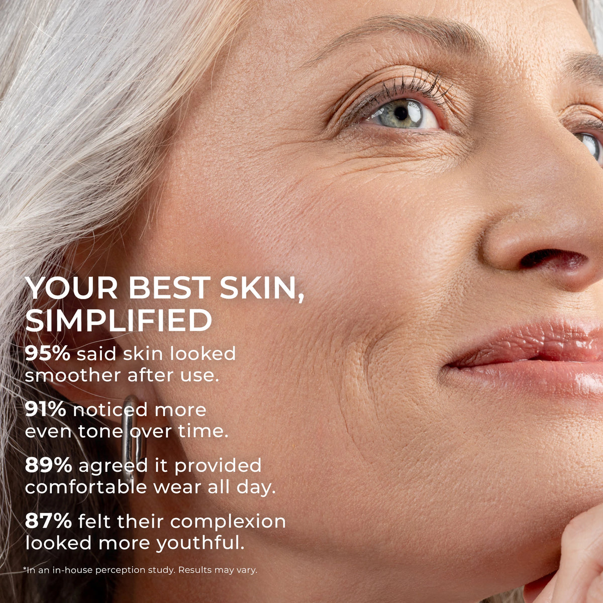 Mature woman glowing skin with natural foundation