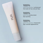 Pale pink Cloud Balm lip treatment tube angled on a light blue background with promotional copy shown to the right. Independent study found that 100% of participant said this product enhanced the look, moisturized, and improved overall lip appearance.