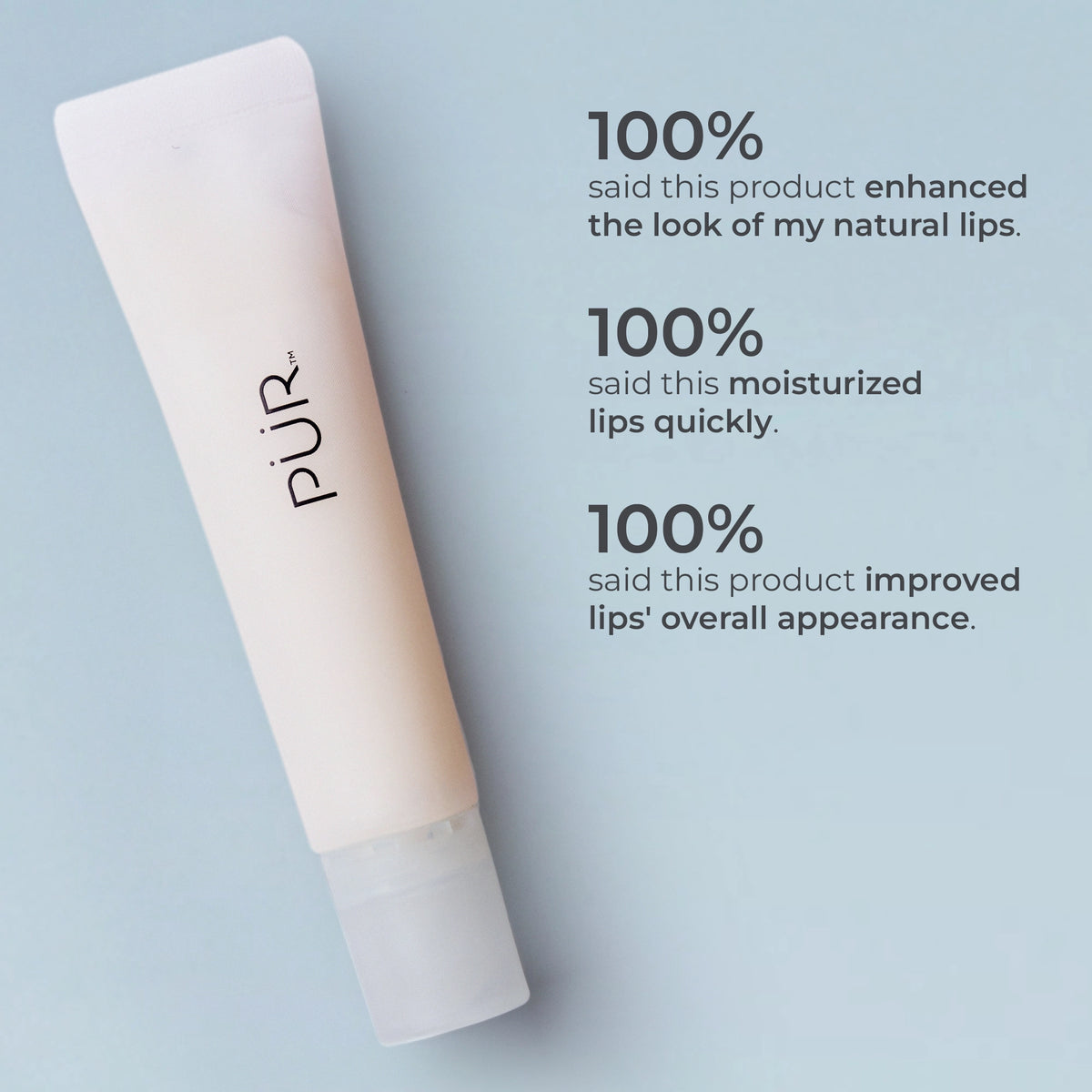 Pale pink Cloud Balm lip treatment tube angled on a light blue background with promotional copy shown to the right. Independent study found that 100% of participant said this product enhanced the look, moisturized, and improved overall lip appearance.