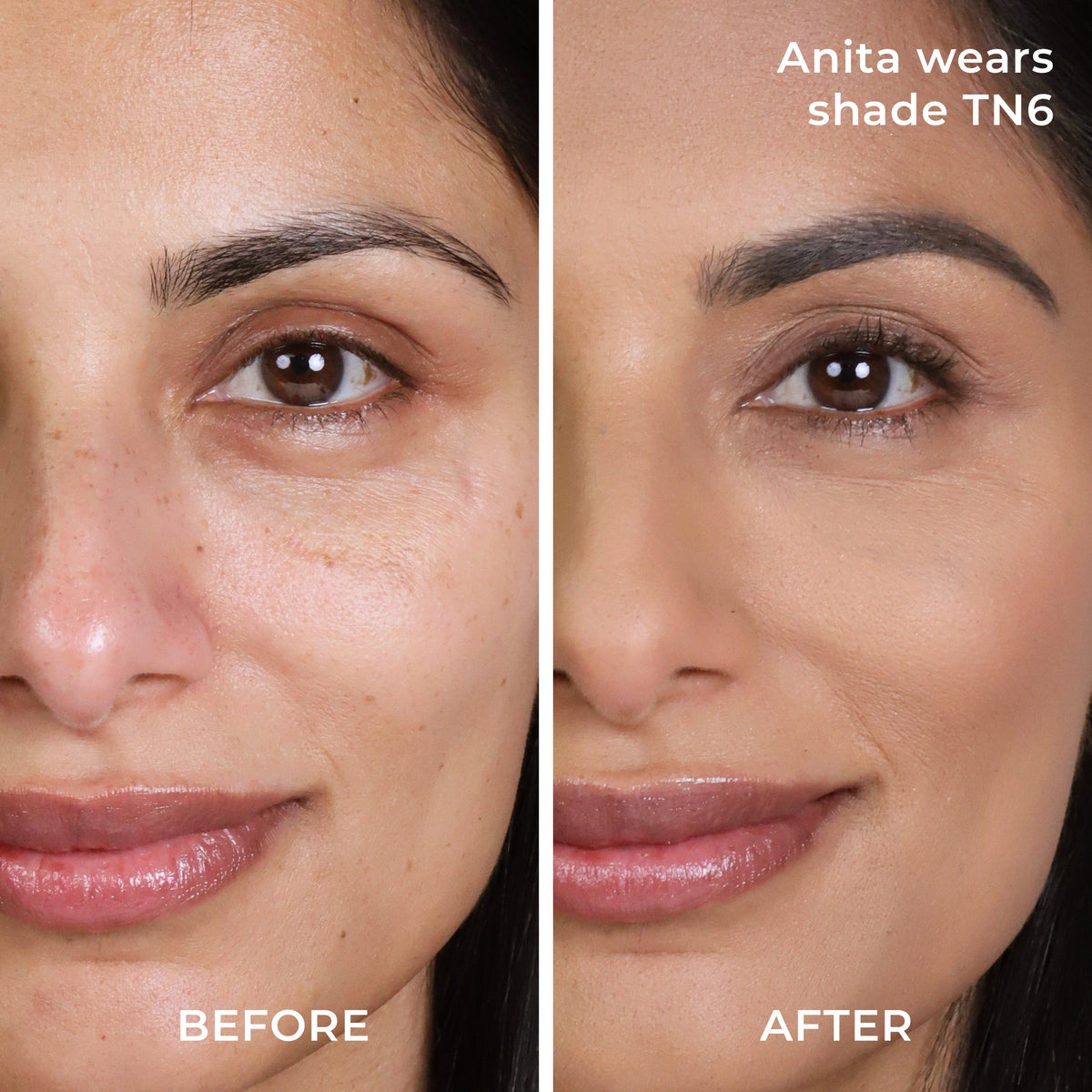 PÜR Find Your Foundation: Before and After of Anita wearing shade TN6