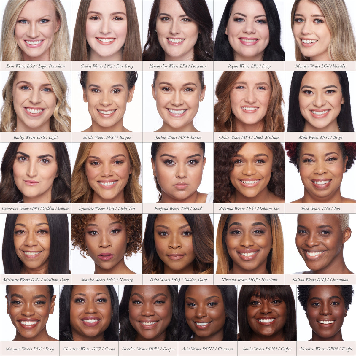 PÜR Complexion Shade Chart with models wearing various available shades