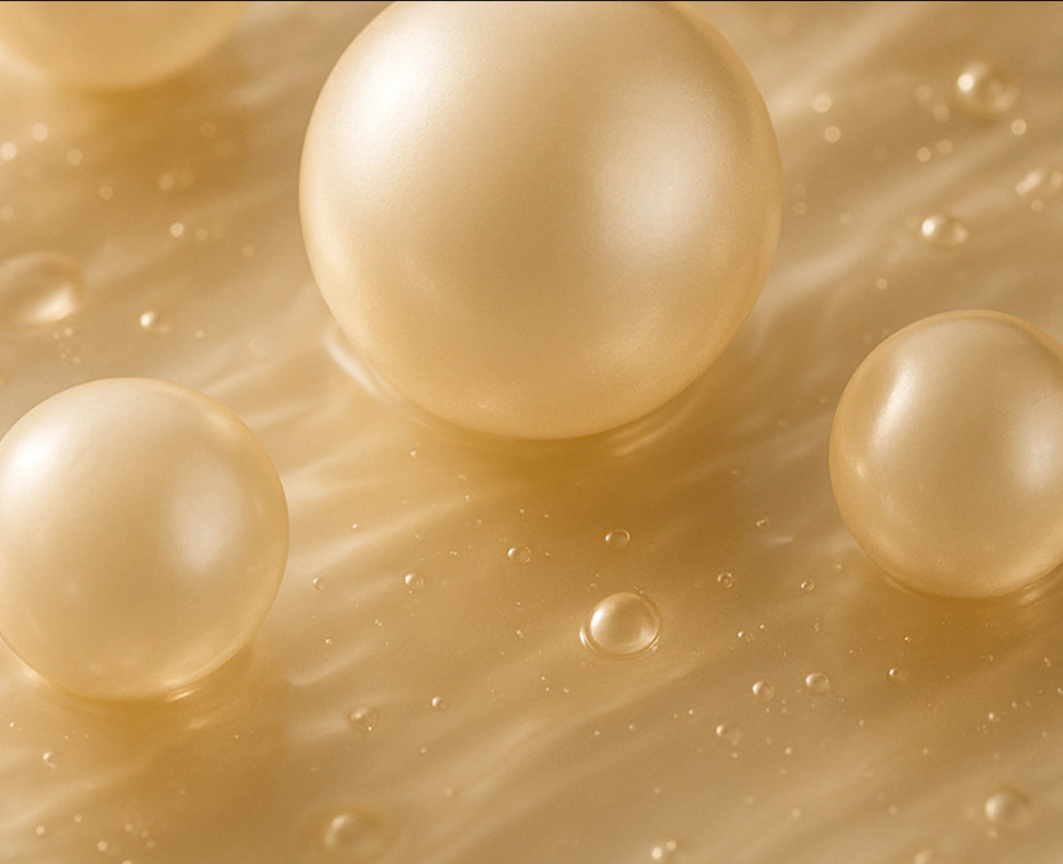 Close up of a golden yellow liquid with bubbles and pearls showcasing Ceramide ingredient.