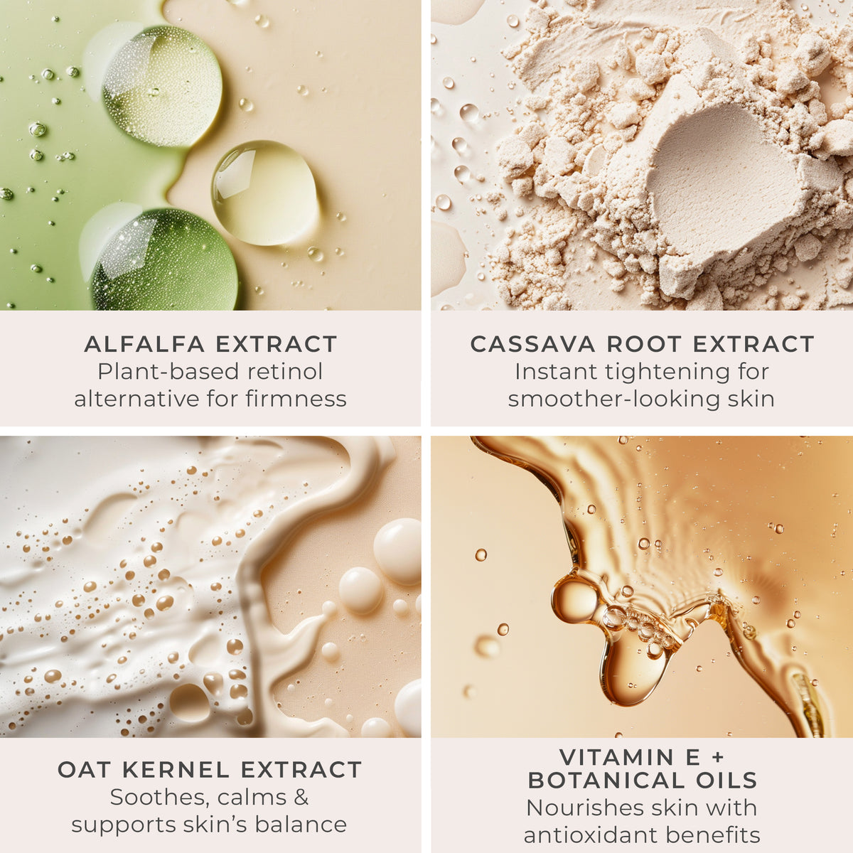 Four-panel ingredient graphic highlighting Alfalfa Extract, Cassava Root Extract, Oat Kernel Extract, and Vitamin E with botanical oils used in Get A Lift Firming Facial Cream.