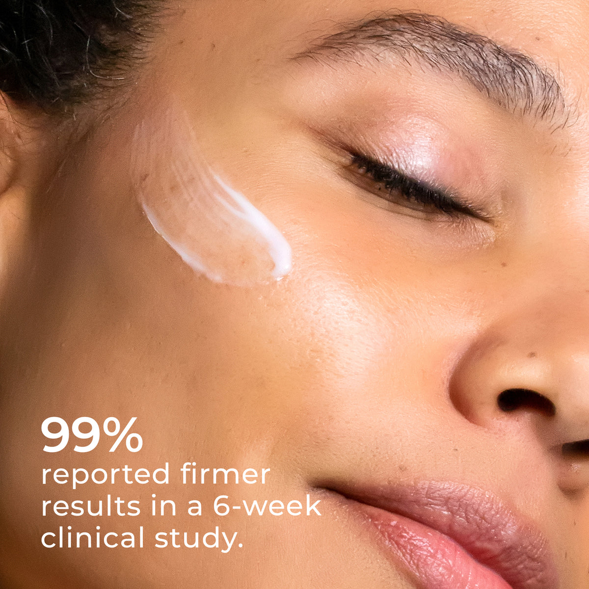 Close-up of a woman applying Get A Lift Firming Facial Cream to her cheek with text showing 99% reported firmer-looking skin after six weeks.