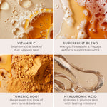 Four key ingredients of PÜR Tropical C Moisturizer: Vitamin C for brightness, Superfruit Blend of mango + pineapple + papaya, Turmeric Root for tone balance, and Hyaluronic Acid for deep hydration.