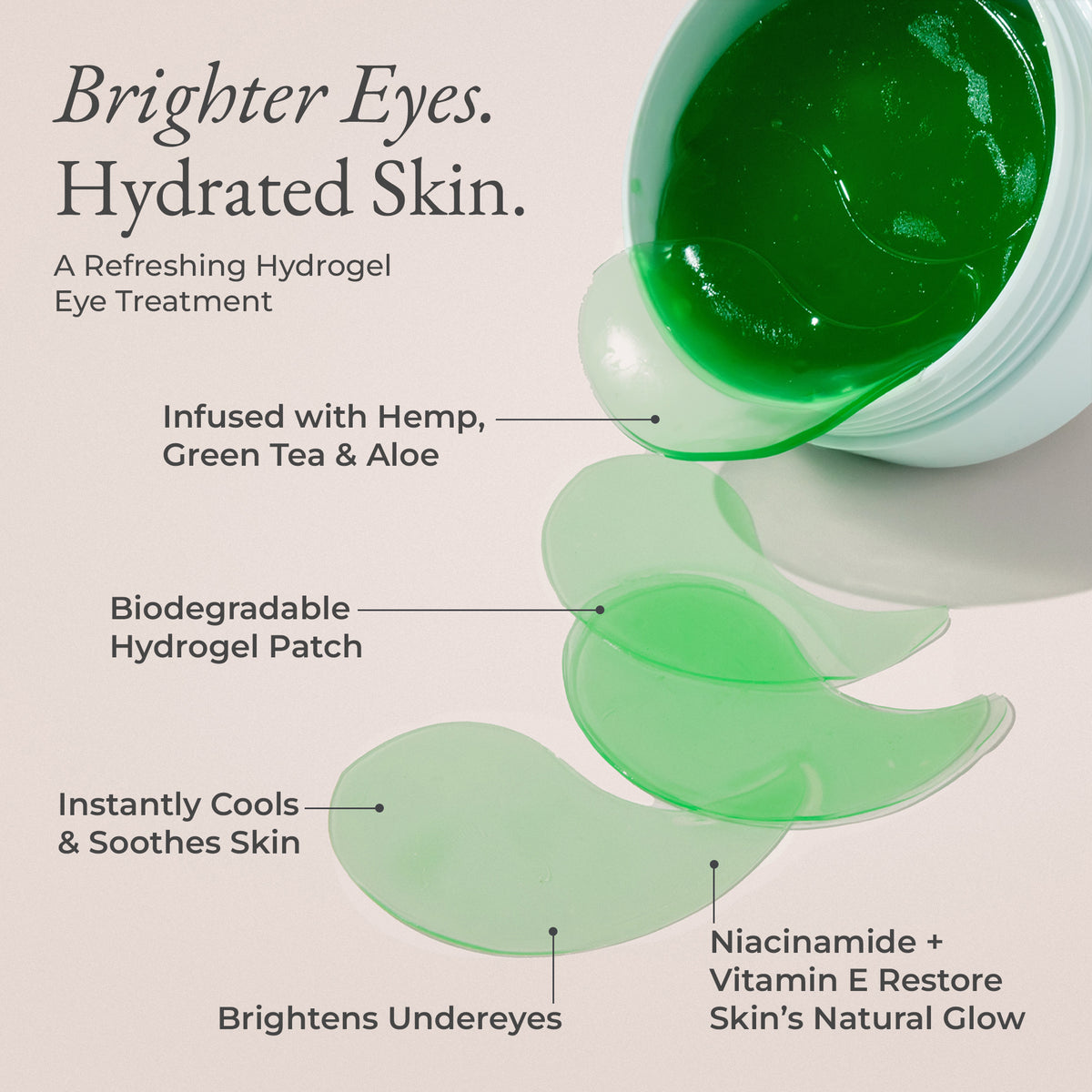 Mellow Eyes in Hemp - Eye patches shown beside open jar with callouts highlighting cooling effect, soothing formula, biodegradable hydrogel, and brightening ingredients. 