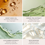 Mellow Eyes in Hemp - Four-panel ingredient graphic highlighting Hemp Seed Oil, Green Tea Extract, Cucumber Extract, and Niacinamide used 