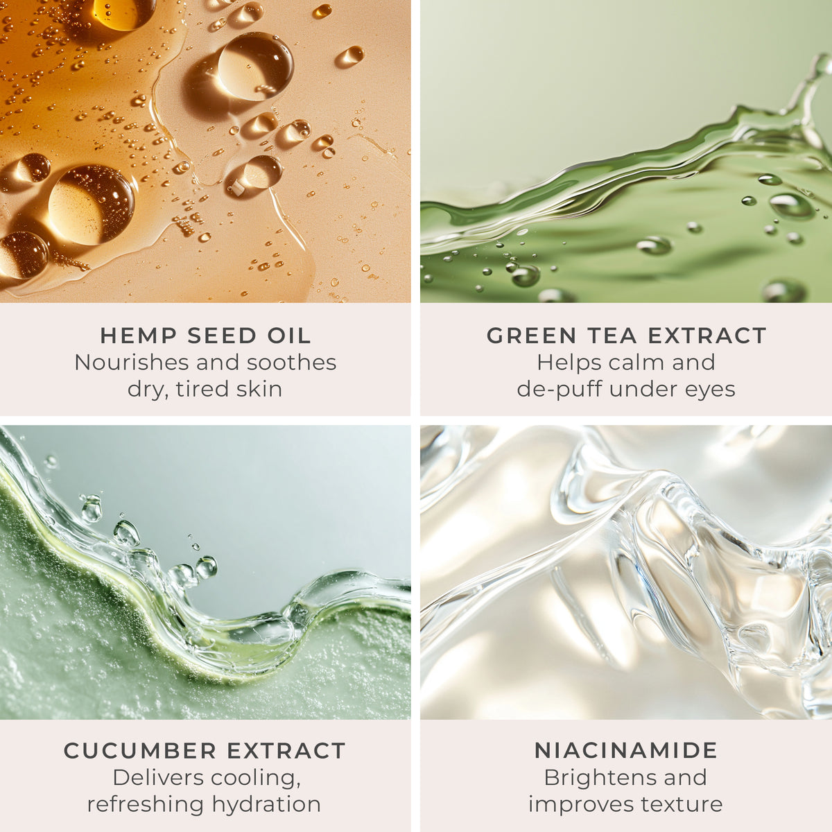 Mellow Eyes in Hemp - Four-panel ingredient graphic highlighting Hemp Seed Oil, Green Tea Extract, Cucumber Extract, and Niacinamide used 