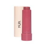Glossy lip tint and silky tint duo in pink tube with beige cap.