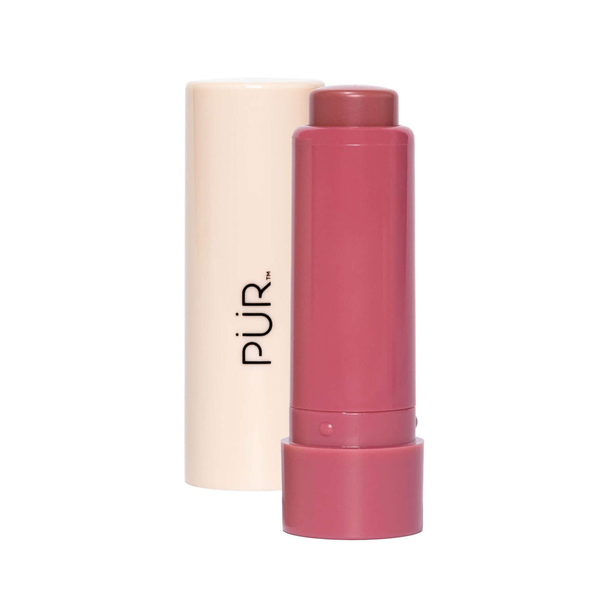 Glossy lip tint and silky tint duo in pink tube with beige cap.