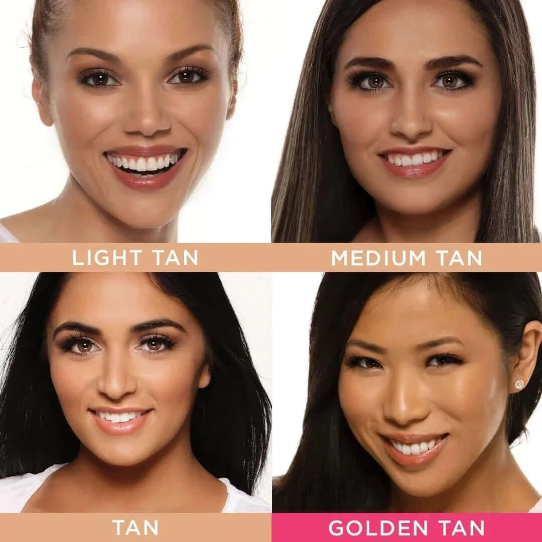 Four-model collage displaying the 4-in-1 Foundation Stick shade range from light tan to golden tan with cream-to-velvet matte finish.