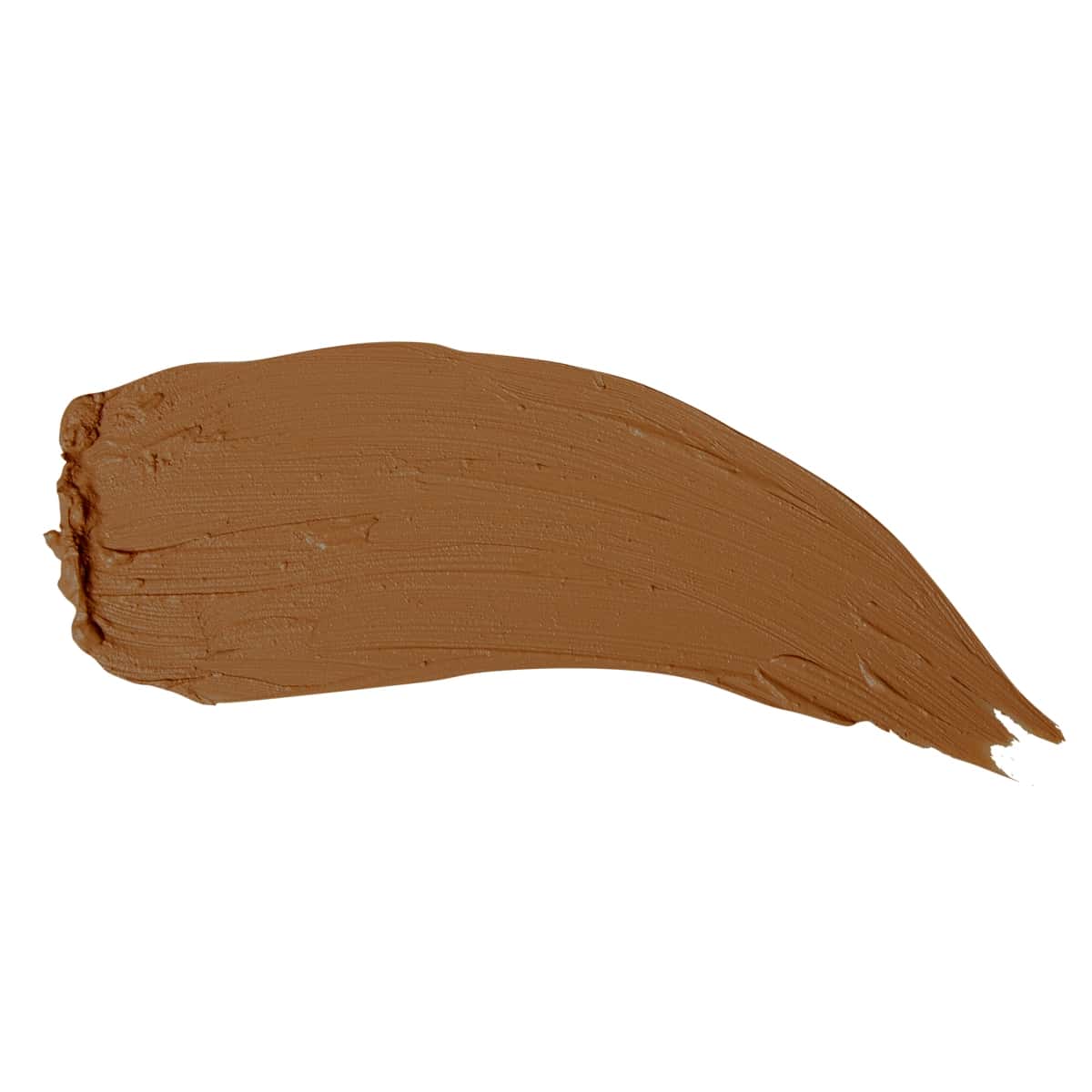 Creamy foundation swatch in dark warm tan shade on white background