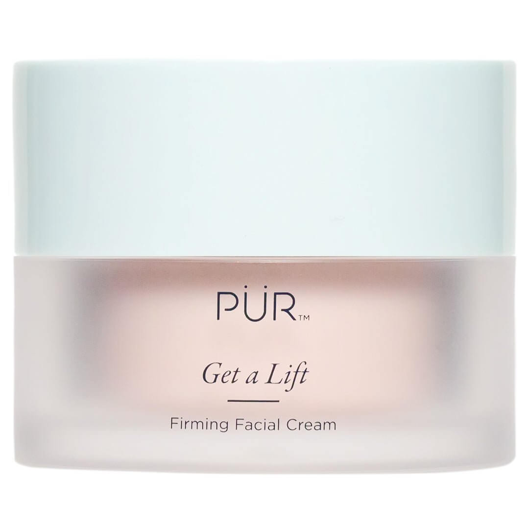 PÜR Get A Lift Firming Facial Cream jar with frosted packaging and mint-colored lid.